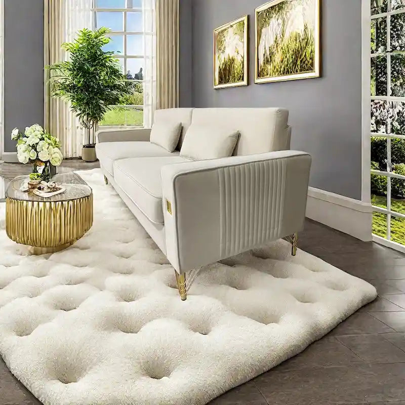 Canapé 3 places moderne 85.63 en velours avec accents dorés et coussins moelleux pour salon