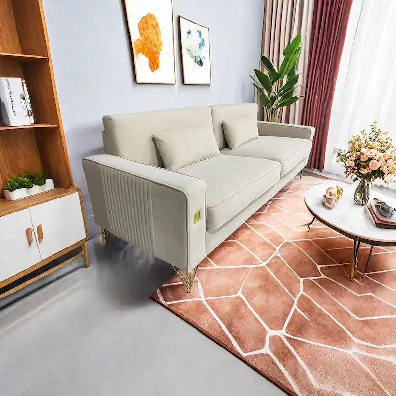 Canapé 3 places moderne 85.63 en velours avec accents dorés et coussins moelleux pour salon