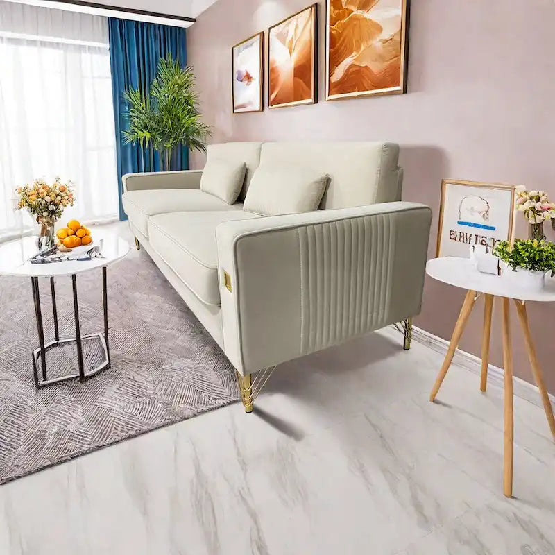 Canapé 3 places moderne 85.63 en velours avec accents dorés et coussins moelleux pour salon