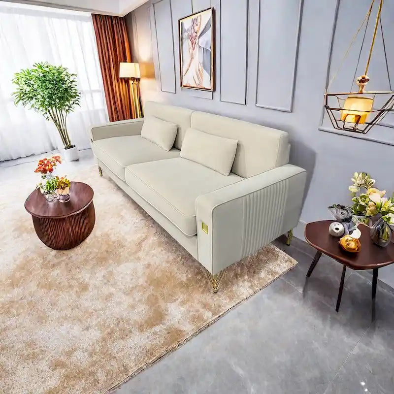 Canapé 3 places moderne 85.63 en velours avec accents dorés et coussins moelleux pour salon