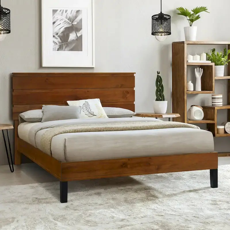 Lit plateforme marron format King Size en bois massif de style Mid-Century avec tête de lit trois pièces