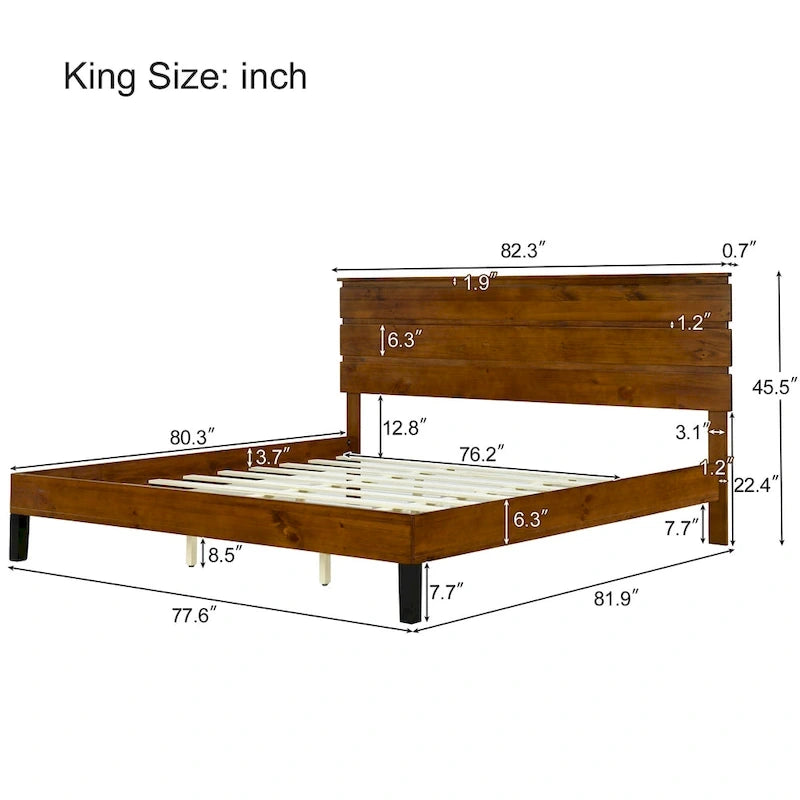 Lit plateforme marron format King Size en bois massif de style Mid-Century avec tête de lit trois pièces