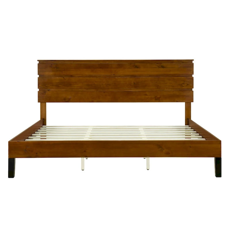 Lit plateforme marron format King Size en bois massif de style Mid-Century avec tête de lit trois pièces