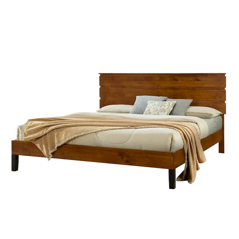 Lit plateforme marron format King Size en bois massif de style Mid-Century avec tête de lit trois pièces