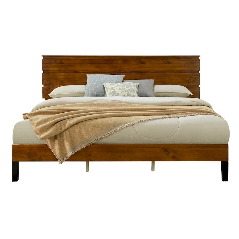 Lit plateforme marron format King Size en bois massif de style Mid-Century avec tête de lit trois pièces