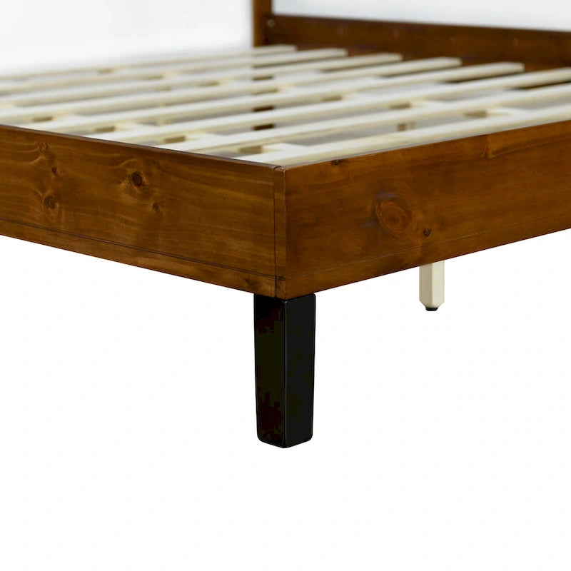 Lit plateforme marron format King Size en bois massif de style Mid-Century avec tête de lit trois pièces