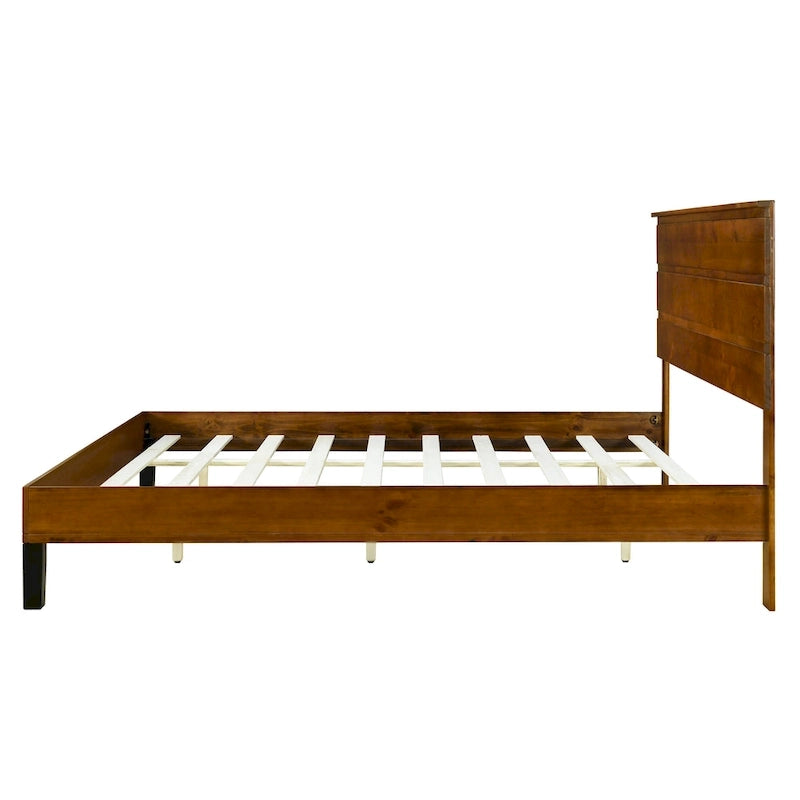 Lit plateforme marron format King Size en bois massif de style Mid-Century avec tête de lit trois pièces