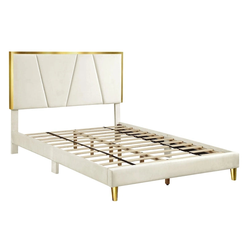 Lit plateforme entièrement capitonné DH BASIC Glam Beige avec accents dorés par Denhour