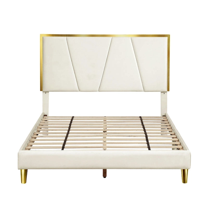 Lit plateforme entièrement capitonné DH BASIC Glam Beige avec accents dorés par Denhour