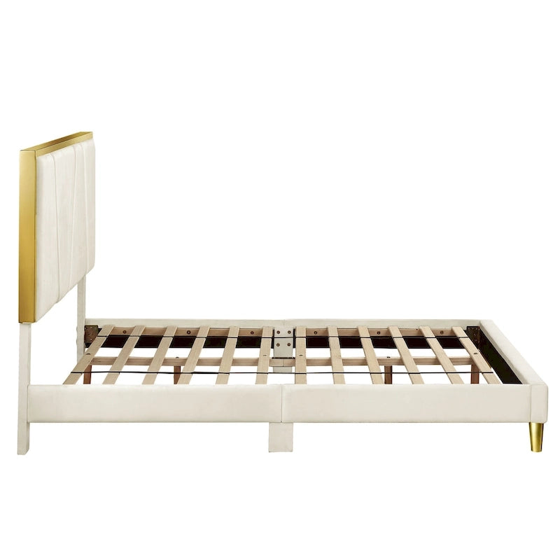 Lit plateforme entièrement capitonné DH BASIC Glam Beige avec accents dorés par Denhour
