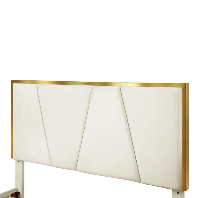 Lit plateforme entièrement capitonné DH BASIC Glam Beige avec accents dorés par Denhour