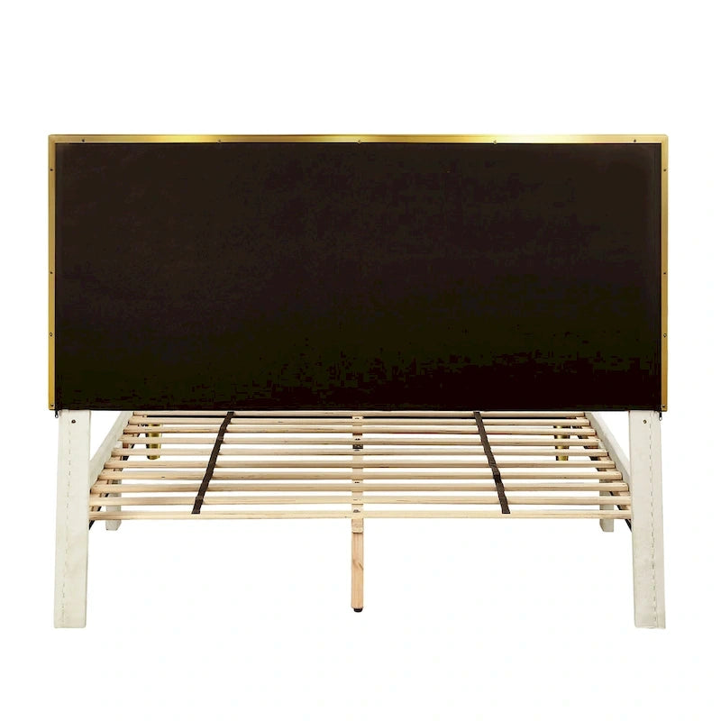 Lit plateforme entièrement capitonné DH BASIC Glam Beige avec accents dorés par Denhour