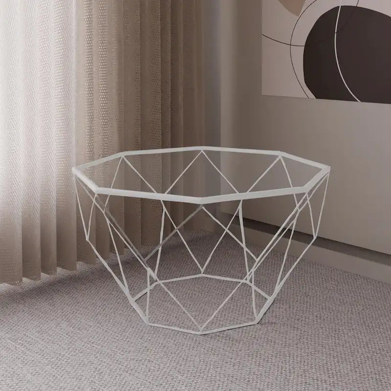 Table basse centrale octogonale moderne Malibu 29 avec plateau en verre trempé et base géométrique en métal robuste pour salon et bureau