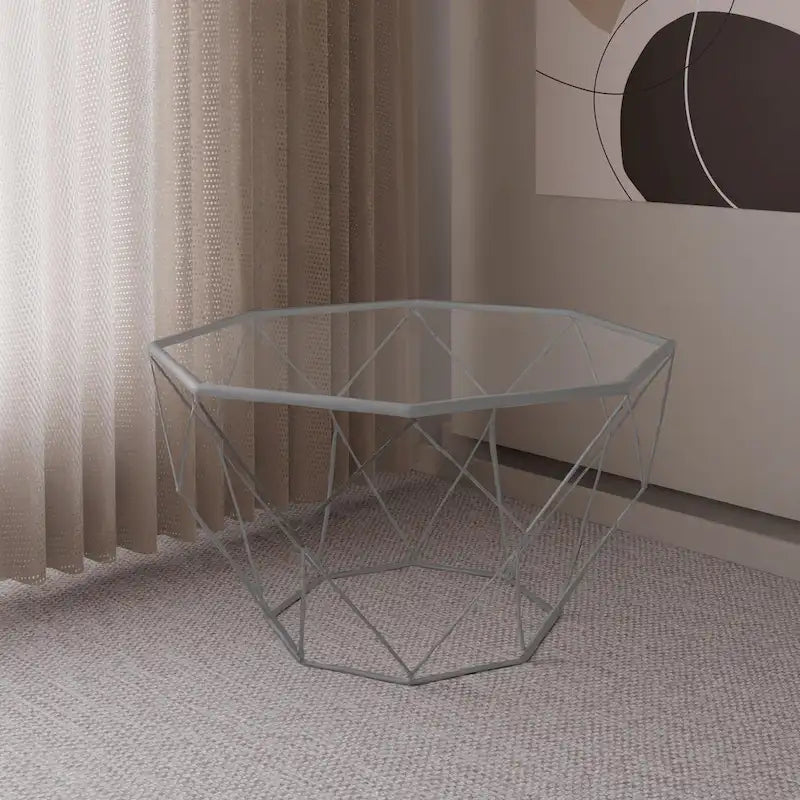 Table basse centrale octogonale moderne Malibu 29 avec plateau en verre trempé et base géométrique en métal robuste pour salon et bureau