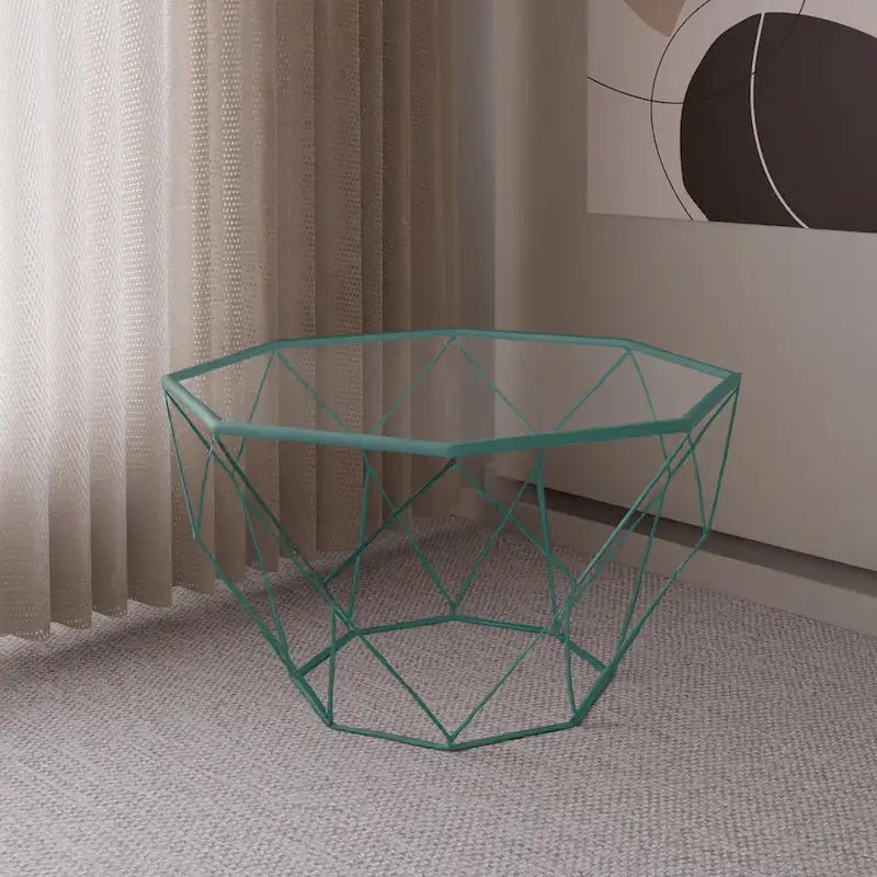 Table basse centrale octogonale moderne Malibu 29 avec plateau en verre trempé et base géométrique en métal robuste pour salon et bureau