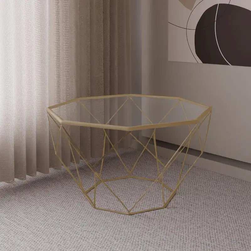 Table basse centrale octogonale moderne Malibu 29 avec plateau en verre trempé et base géométrique en métal robuste pour salon et bureau