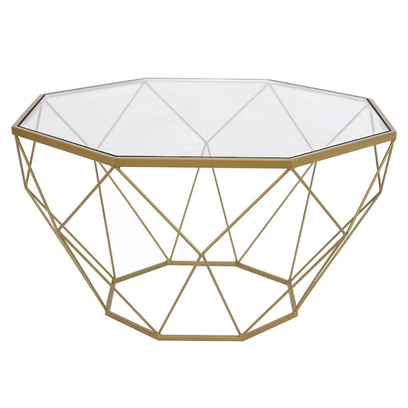 Table basse centrale octogonale moderne Malibu 29 avec plateau en verre trempé et base géométrique en métal robuste pour salon et bureau