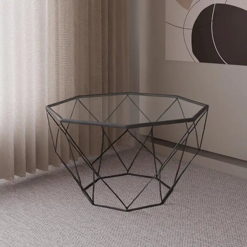 Table basse centrale octogonale moderne Malibu 29 avec plateau en verre trempé et base géométrique en métal robuste pour salon et bureau