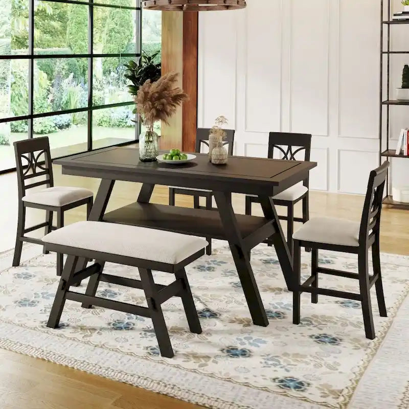 Table de salle à manger en bois hauteur comptoir avec étagère de rangement
