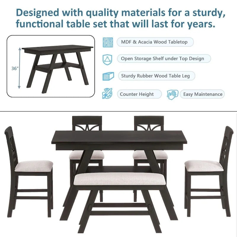 Table de salle à manger en bois hauteur comptoir avec étagère de rangement