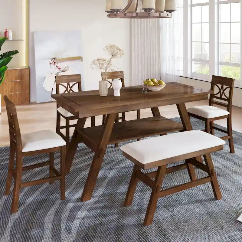 Table de salle à manger en bois hauteur comptoir avec étagère de rangement