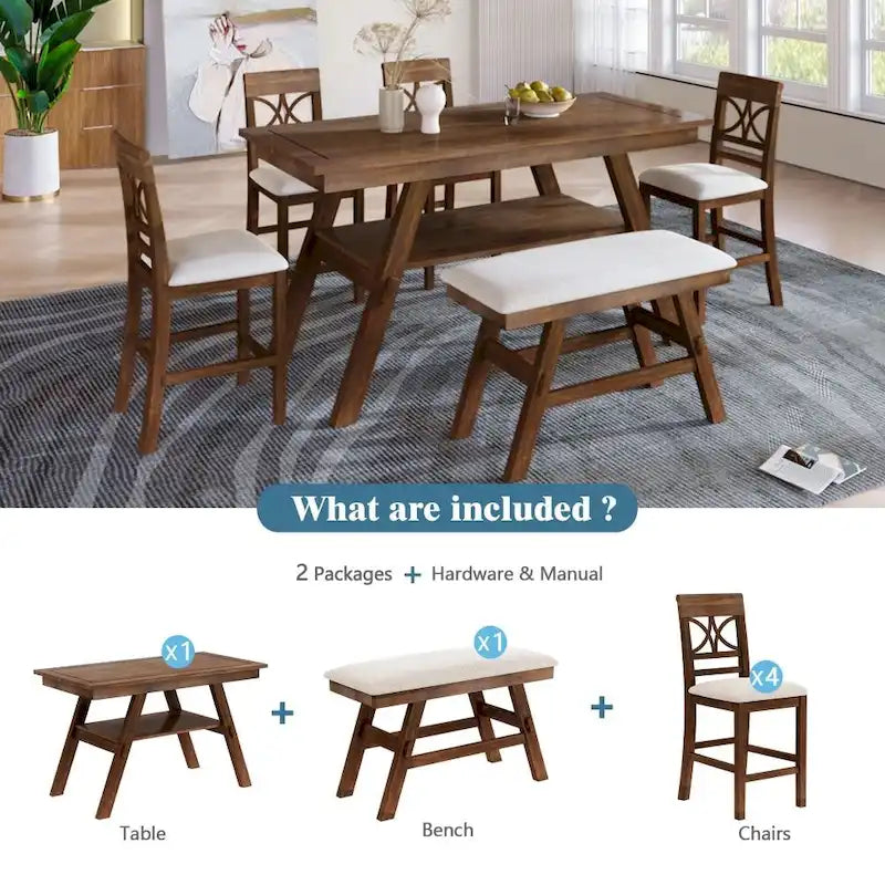 Table de salle à manger en bois hauteur comptoir avec étagère de rangement