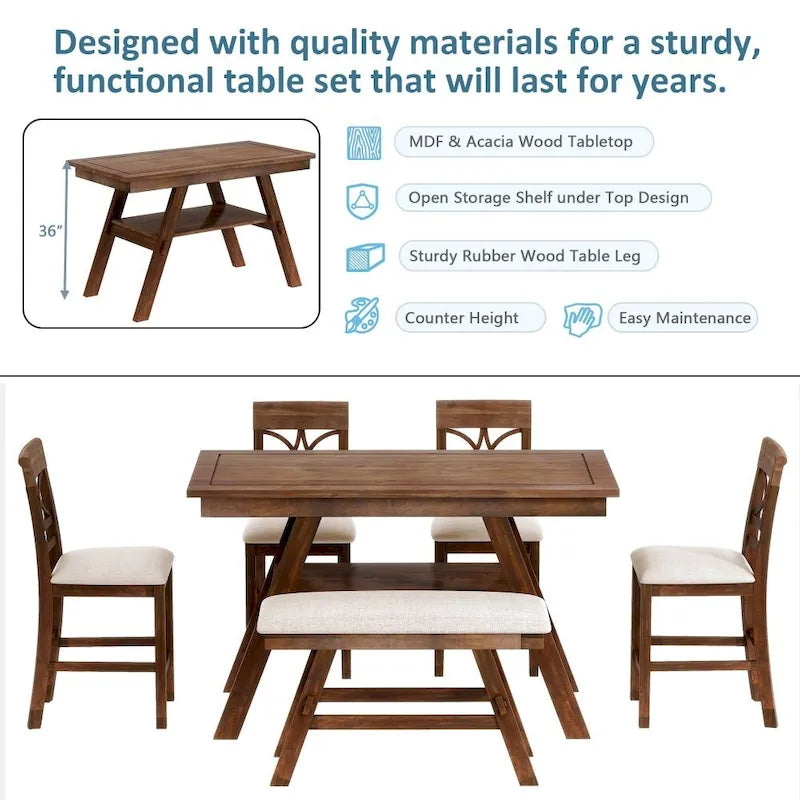Table de salle à manger en bois hauteur comptoir avec étagère de rangement