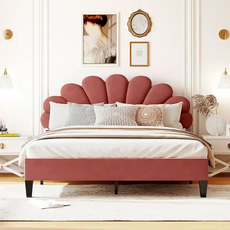 Lit plateforme rembourré Queen Size avec motif floral