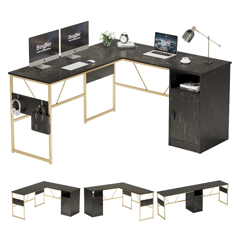 Bureau d'angle en L de 60 pouces avec meuble de rangement pour ordinateur