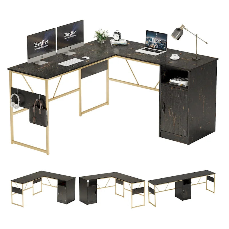 Bureau d'angle en L de 60 pouces avec meuble de rangement pour ordinateur