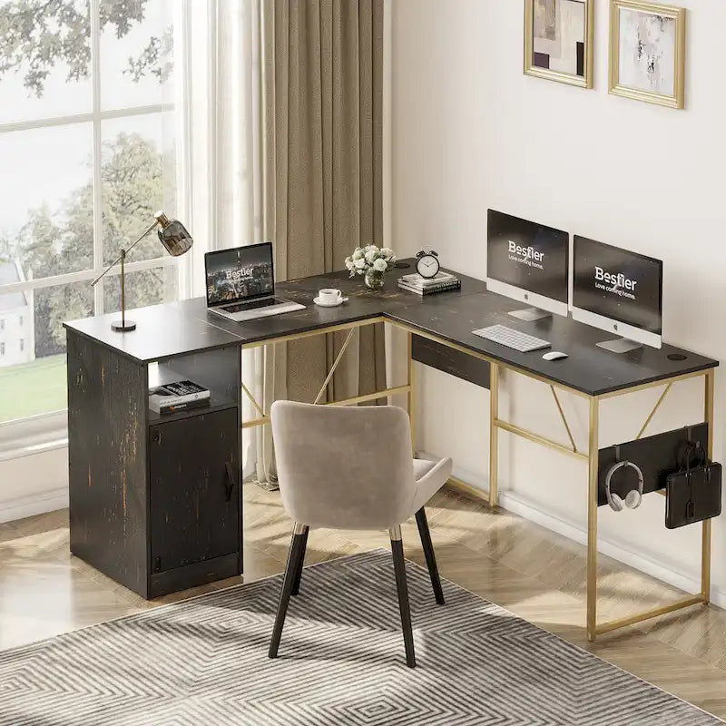 Bureau d'angle en L de 60 pouces avec meuble de rangement pour ordinateur