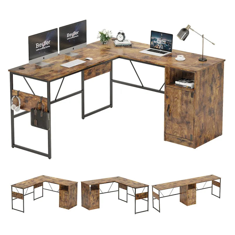 Bureau d'angle en L de 60 pouces avec meuble de rangement pour ordinateur
