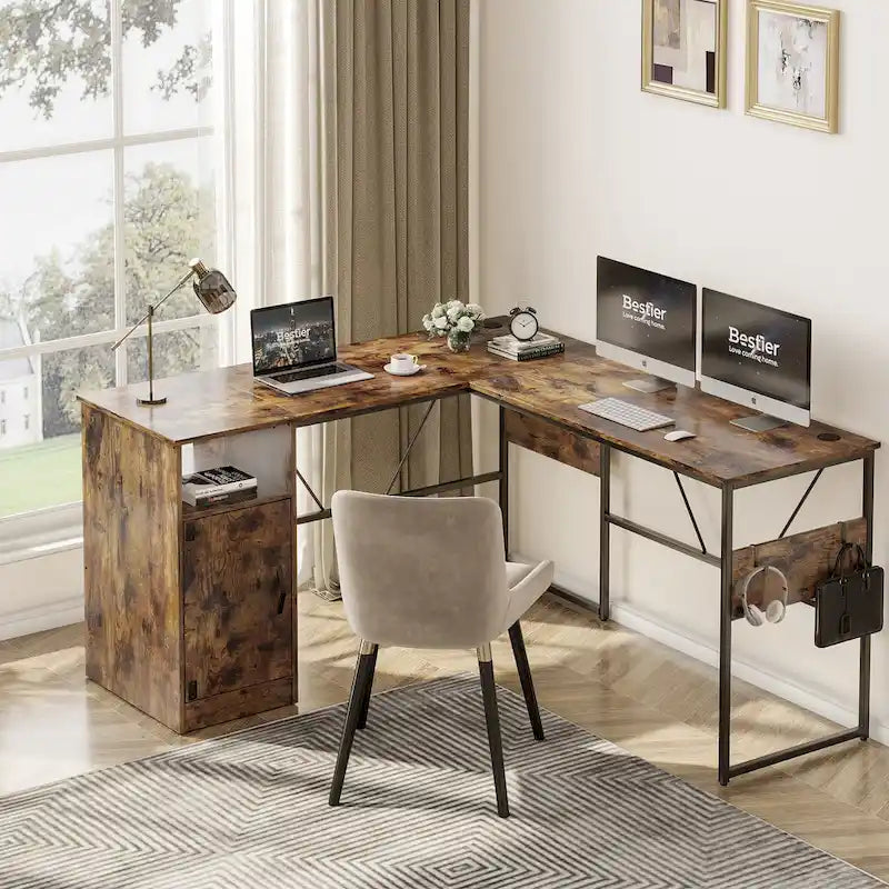 Bureau d'angle en L de 60 pouces avec meuble de rangement pour ordinateur