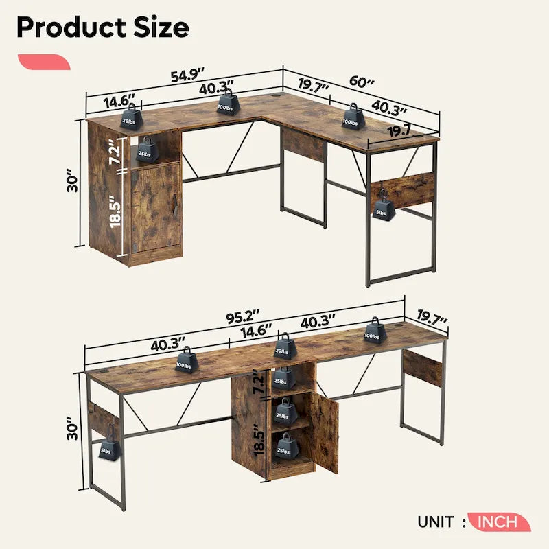 Bureau d'angle en L de 60 pouces avec meuble de rangement pour ordinateur