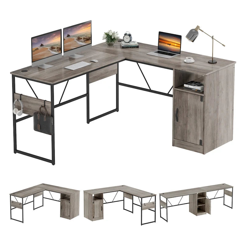 Bureau d'angle en L de 60 pouces avec meuble de rangement pour ordinateur
