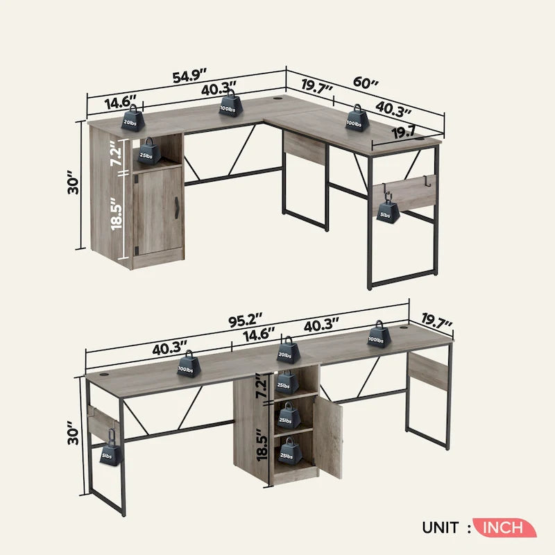 Bureau d'angle en L de 60 pouces avec meuble de rangement pour ordinateur