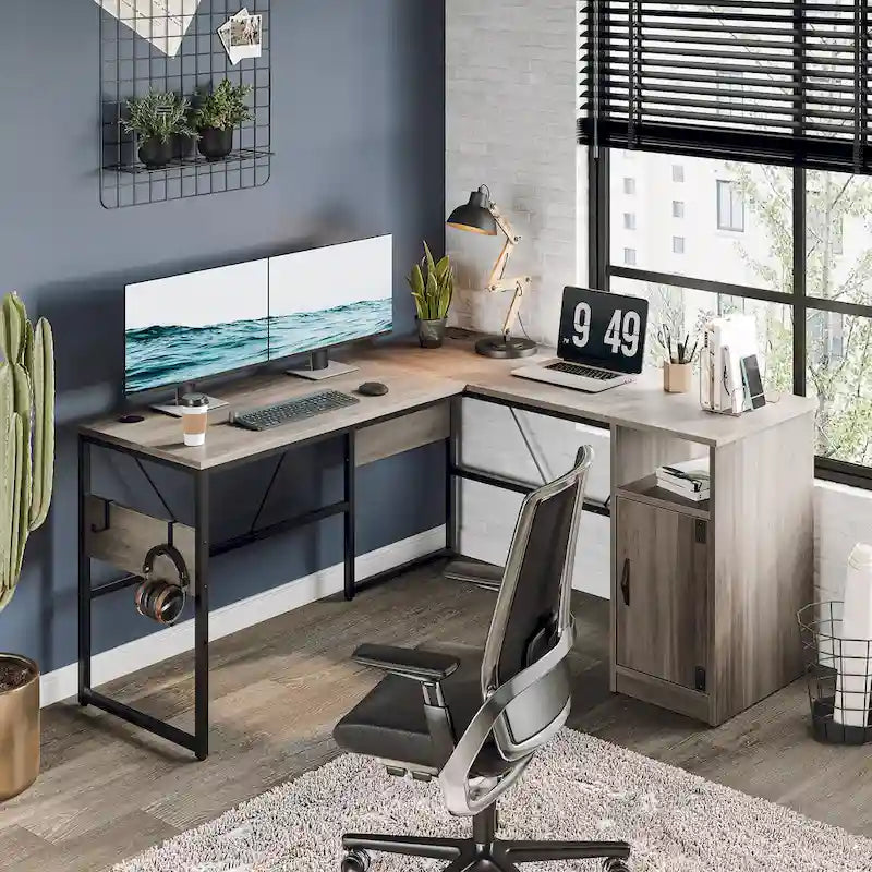 Bureau d'angle en L de 60 pouces avec meuble de rangement pour ordinateur