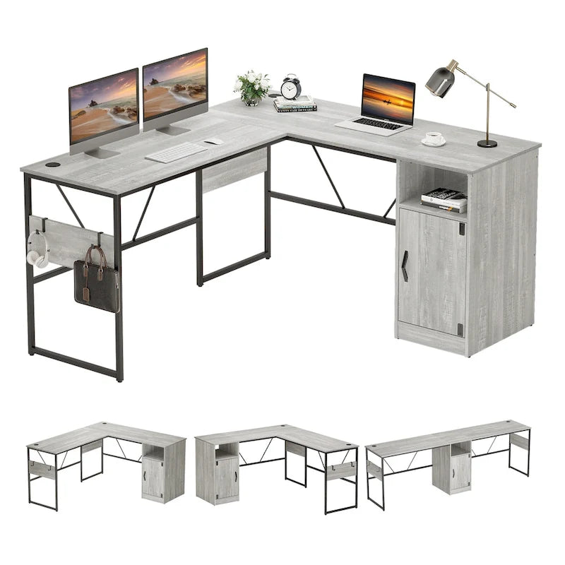 Bureau d'angle en L de 60 pouces avec meuble de rangement pour ordinateur