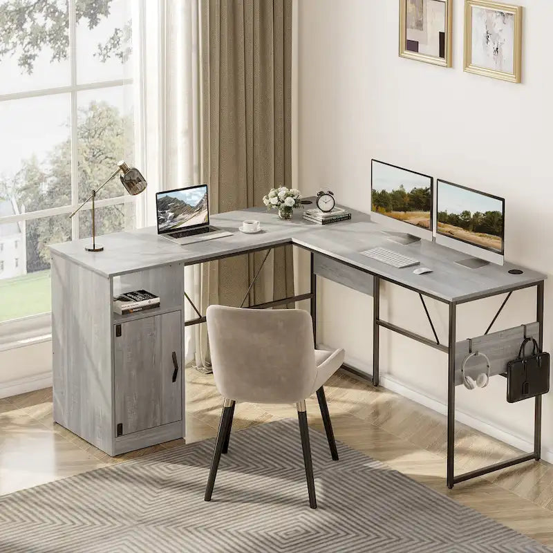 Bureau d'angle en L de 60 pouces avec meuble de rangement pour ordinateur