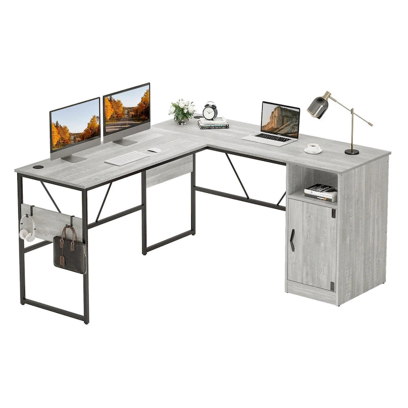 Bureau d'angle en L de 60 pouces avec meuble de rangement pour ordinateur