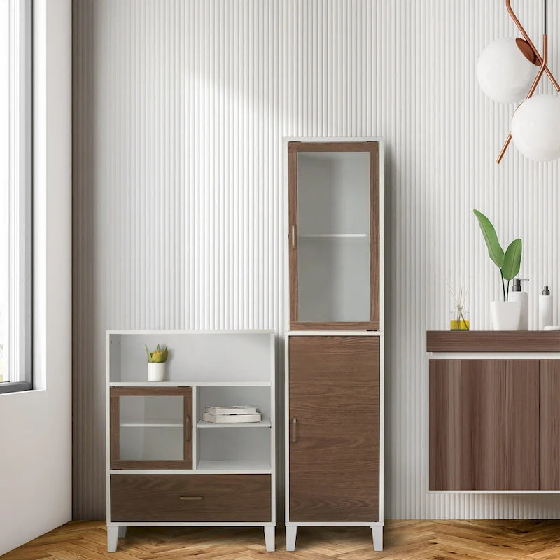 Armoire de rangement Tyler en bois moderne, Noyer et Blanc