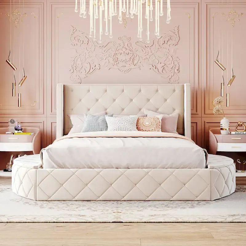 Lit plateforme capitonné Queen Size avec rangement, velours, tête de lit à oreilles et 1 grand tiroir, 2 tabourets de rangement latéraux (beige)