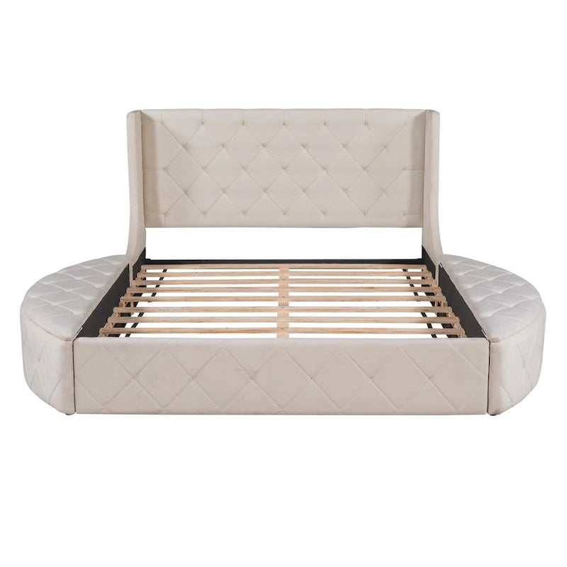 Lit plateforme capitonné Queen Size avec rangement, velours, tête de lit à oreilles et 1 grand tiroir, 2 tabourets de rangement latéraux (beige)