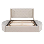 Lit plateforme capitonné Queen Size avec rangement, velours, tête de lit à oreilles et 1 grand tiroir, 2 tabourets de rangement latéraux (beige)