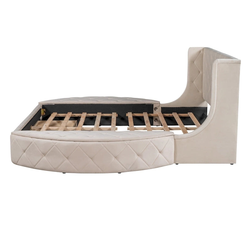 Lit plateforme capitonné Queen Size avec rangement, velours, tête de lit à oreilles et 1 grand tiroir, 2 tabourets de rangement latéraux (beige)
