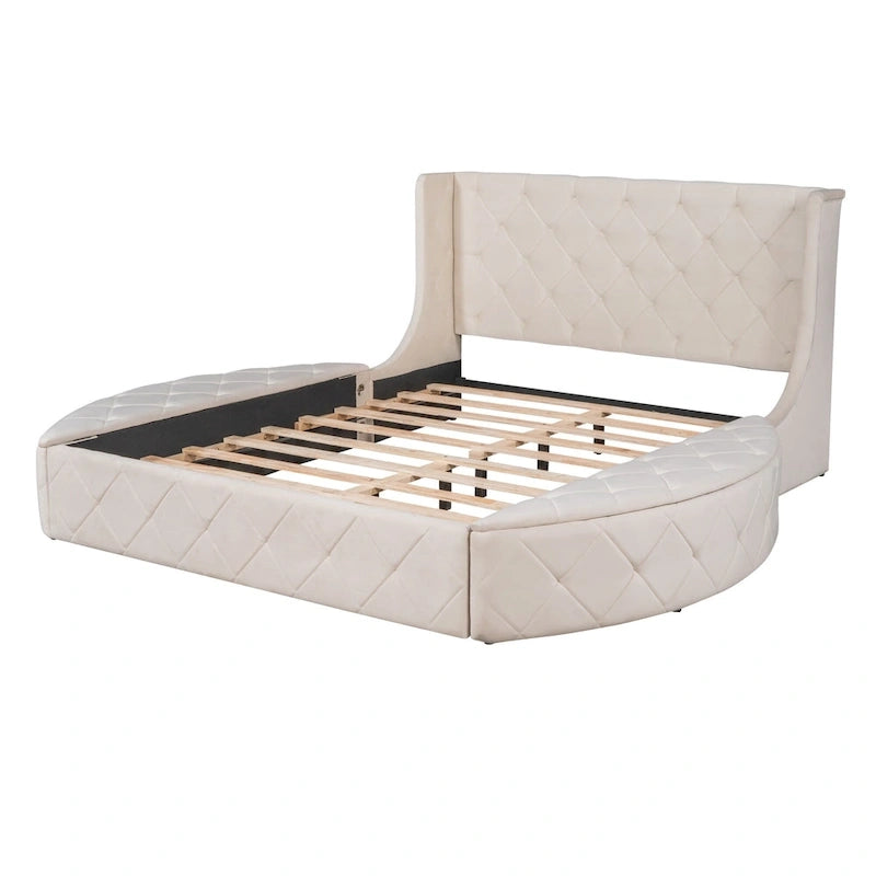 Lit plateforme capitonné Queen Size avec rangement, velours, tête de lit à oreilles et 1 grand tiroir, 2 tabourets de rangement latéraux (beige)
