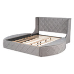 Lit plateforme capitonné Queen Size avec rangement, velours, tête de lit à oreilles et 1 grand tiroir, 2 tabourets de rangement latéraux (beige)