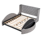 Lit plateforme capitonné Queen Size avec rangement, velours, tête de lit à oreilles et 1 grand tiroir, 2 tabourets de rangement latéraux (beige)