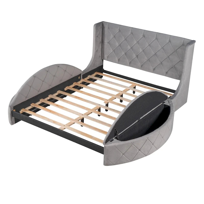 Lit plateforme capitonné Queen Size avec rangement, velours, tête de lit à oreilles et 1 grand tiroir, 2 tabourets de rangement latéraux (beige)