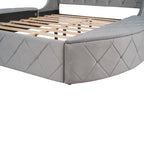 Lit plateforme capitonné Queen Size avec rangement, velours, tête de lit à oreilles et 1 grand tiroir, 2 tabourets de rangement latéraux (beige)